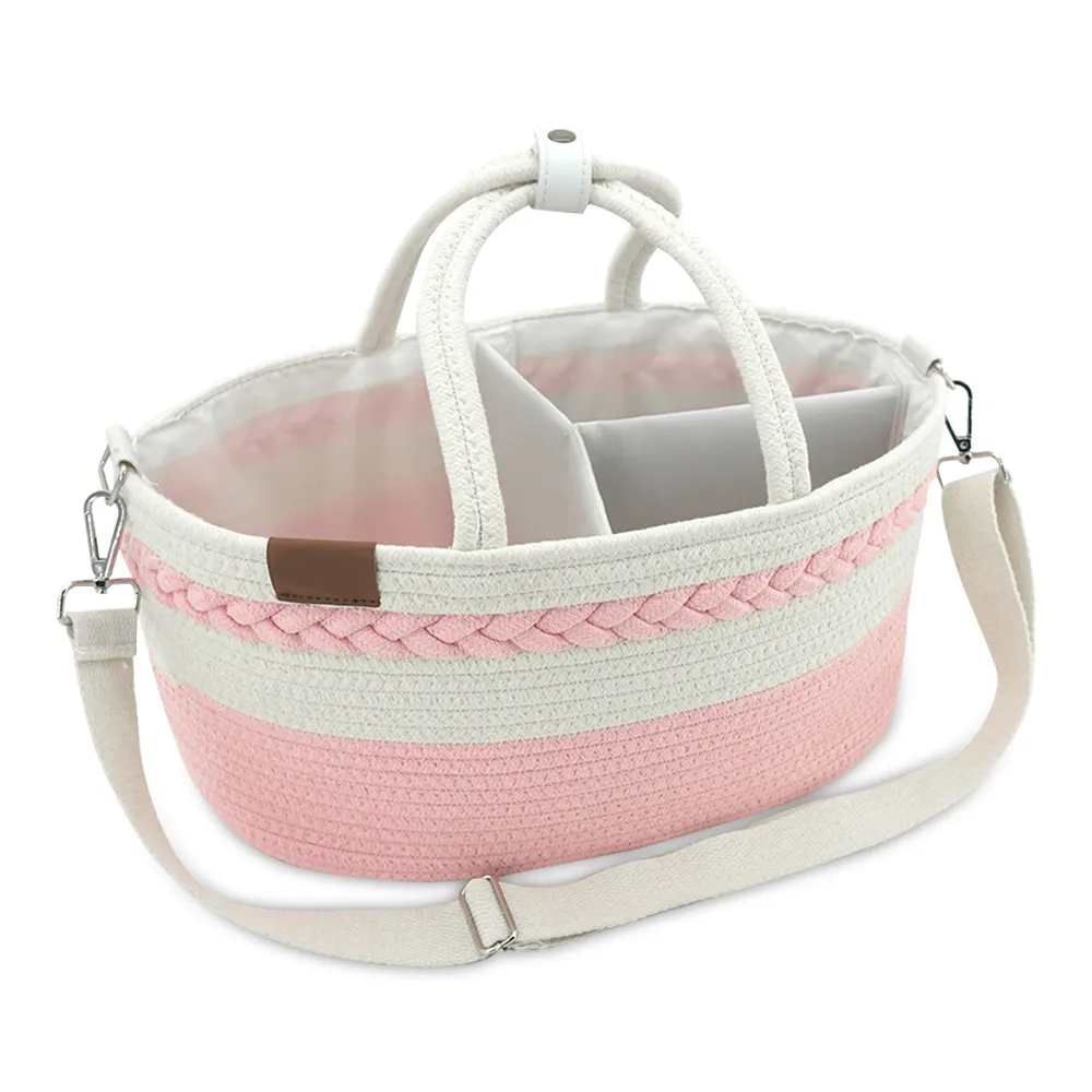 Soft Handmade Modern 100% Baby Pink Cotton Rope Diaper Caddy Organizer Bag