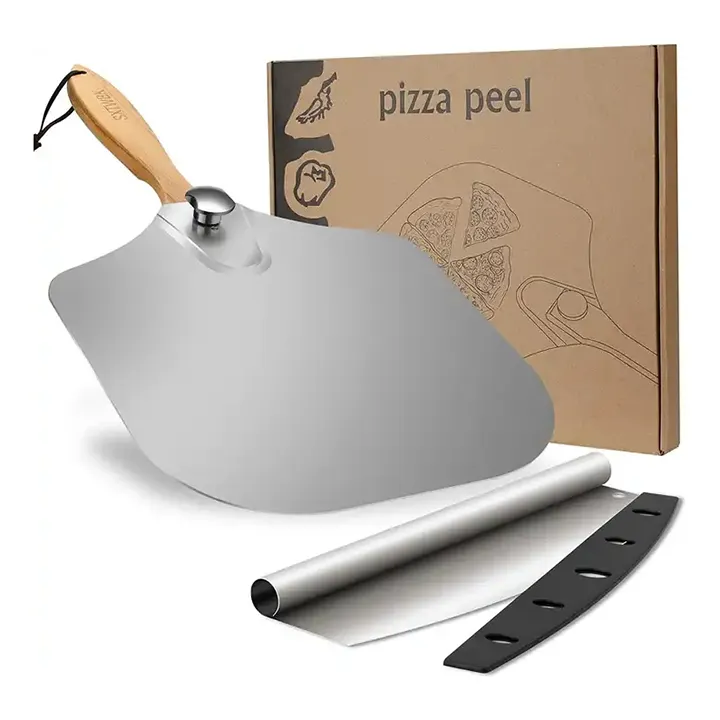 Homeade Pizza Accessories Tool Stainless Steel Pizza Cutting And Foldable Wooden Handle Aluminum Metal Pizza Peel Set