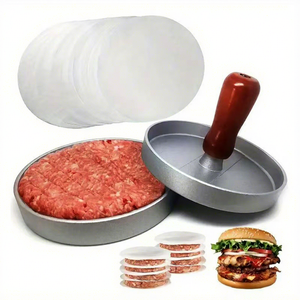 Prensa para Hamburguesas de Aluminio Antiadherente con 100 Hojas de Papel Encerado, Herramienta Redonda para Prensar Carne, Accesorios para Asar a la Parrilla - Product Image 1