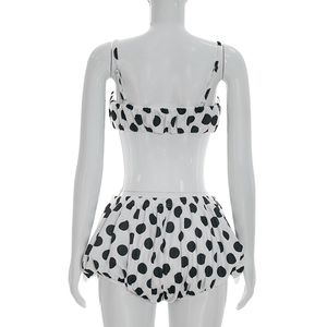 Viviblook D26ST085 Women Summer Shorts Set Polka Dot Print Suspender Crop Top Flower Bud Shorts Two Piece Set - Product Image 6