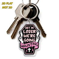 Porte-clés en acrylique en forme de cercueil, motif 'Get in Loser We're Going Haunting with Ghosts & Cross', rose/noir, breloque humoristique effrayante