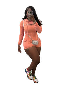 夏秋女装休闲货运2件套实心连帽上衣 + 罗纹连身衣搭配套装 - Product Image 4