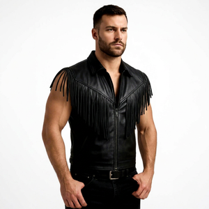 <b>Men's</b> <b>Denim</b> Polyester Breathable Fringe Biker <b>Vest</b> Turn-down Collar Moto Style Outerwear Winter Wear - Product Image 1