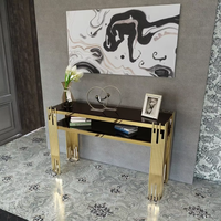 Table console moderne de luxe avec base en acier inoxydable doré et miroir en verre pour la maison ou l'hôtel