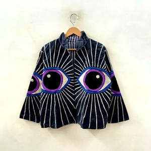 Chaqueta Corta de Terciopelo Azul Oscuro de la Colección Premium de Diseñador, Abrigo Tipo Shrug para Mujer, Chaqueta con Ojo Turco Místico - Product Image 1