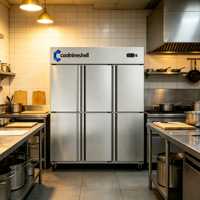 Réfrigérateur vertical en acier inoxydable à 6 portes pour restaurant, hôtel, cuisine commerciale, dégivrage automatique, éclairage LED, 2-8°C