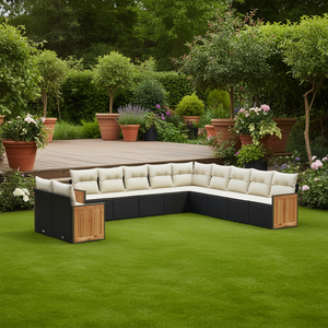 Ensemble de canapés de jardin modulaires en rotin PE noir, collection de meubles d'extérieur élégante, capacité de 10+ places, design avec panneaux en teck - Product Image 2