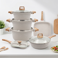 Ensemble de casseroles et poêles en aluminium moulé, revêtement antiadhésif granit beige-blanc, qualité professionnelle, sans PFOA, écologique, pour la maison.