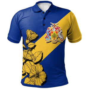 เสื้อโปโลชายสีน้ำเงินและเหลืองลายดอกไม้พร้อมลายพิมพ์ตราแผ่นดิน แขนสั้น สวมใส่สบาย ระบายอากาศได้ดี ดีไซน์แบบถัก - Product Image 1