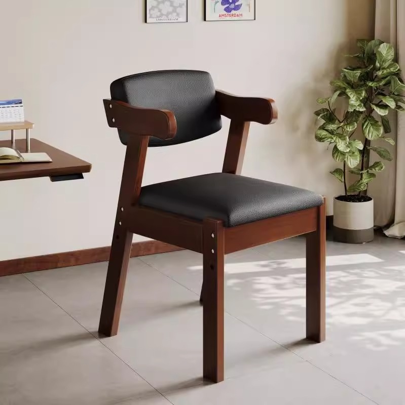 Walnut-colored solid wood + black leather upholstery