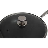 Wok antiadhésif double face alvéolé de 32 cm avec poignée en bois, fond en fonte, couvercle en verre, poêle en acier inoxydable, compatible lave-vaisselle