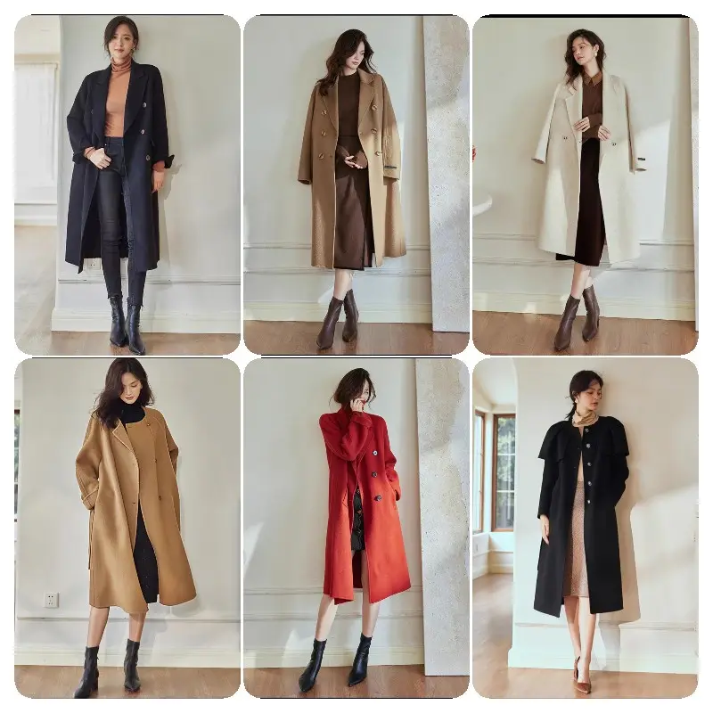 Custom Elegant Turn Down Collar Wool Coats Solid Color Belted Long Cashmere Coat Women