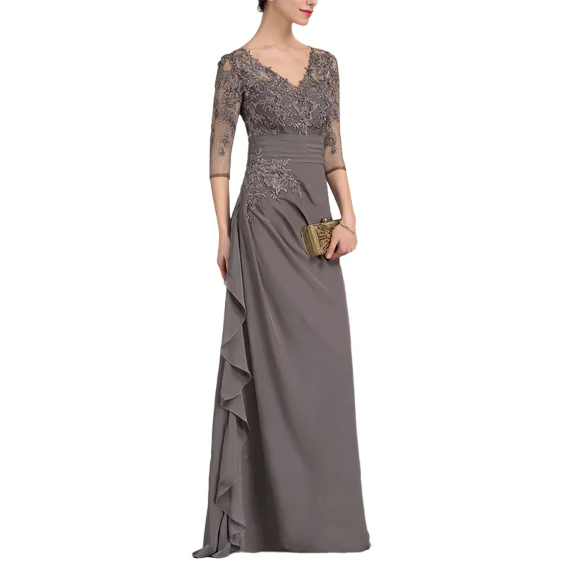 Modest New Design V Neck Half Sleeves Cascading Ruffles Lace And Chiffon Maxi Long Evening Dress Prom Gown