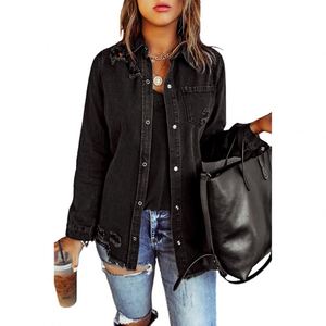 Nouvelle chemise déchirée à manches longues <span class=keywords><strong>pour</strong></span> femmes, vestes, veste décontractée <span class=keywords><strong>en</strong></span> jean noir <span class=keywords><strong>pour</strong></span> femmes - Product Image 4