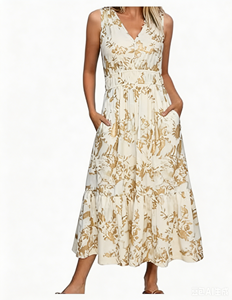 Vestido Midi de Gasa sin Mangas con Estampado Floral para Mujer, Cuello en V, Cintura Elástica, Corte en A, Holgado, con Bolsillos, Vestido Casual de Verano - Product Image 2