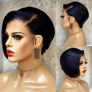 Perruque courte et droite noire en cheveux humains véritables de 130g, tissée à la main avec dentelle frontale et cheveux de bébé, ligne de cheveux naturelle, directement de l'usine - Product Image 1