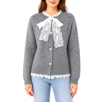 Cardigan gris en polyester pour femme, style Coquette française, col rond, nœud en dentelle, boutons perlés et ourlet festonné, OEM/ODM
