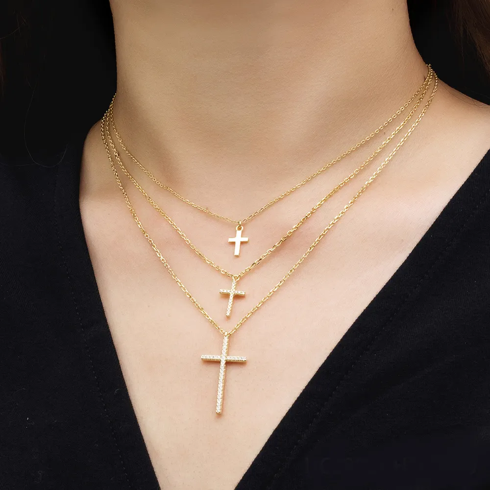 925 Sterling Silver 14K Gold Plated Religious Jewellery Cross Pendant Necklace For Women Jewelry
