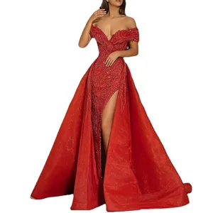 Vestido formal vermelho sem ombro com trem destacável, vestido de festa de gala elegante cerimônia longa