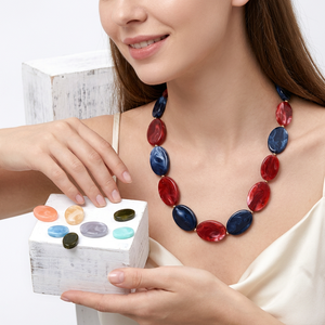 <b>Resin</b> <b>Craft</b> Beaded Necklace Red Blue Oval Statement Jewelry Fashion Accessory Handmade <b>Crafted</b> - Product Image 1
