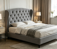 Lit double rembourré européen Lumi 153x203 avec sommier à lattes et espace de rangement beige