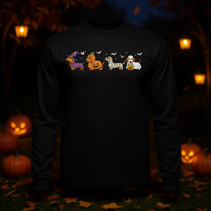 Camiseta de manga larga con estampado digital de perro Dachshund fantasma y calabaza para Halloween, unisex para adultos, cuello redondo - Product Image 2