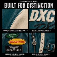 Jaket Bomber Kulit Teal Cream Kustom 400gsm Multi-Patch Varsity Build Panel Kulit Kontras Jaket Biker Streetwear OEM ODM
