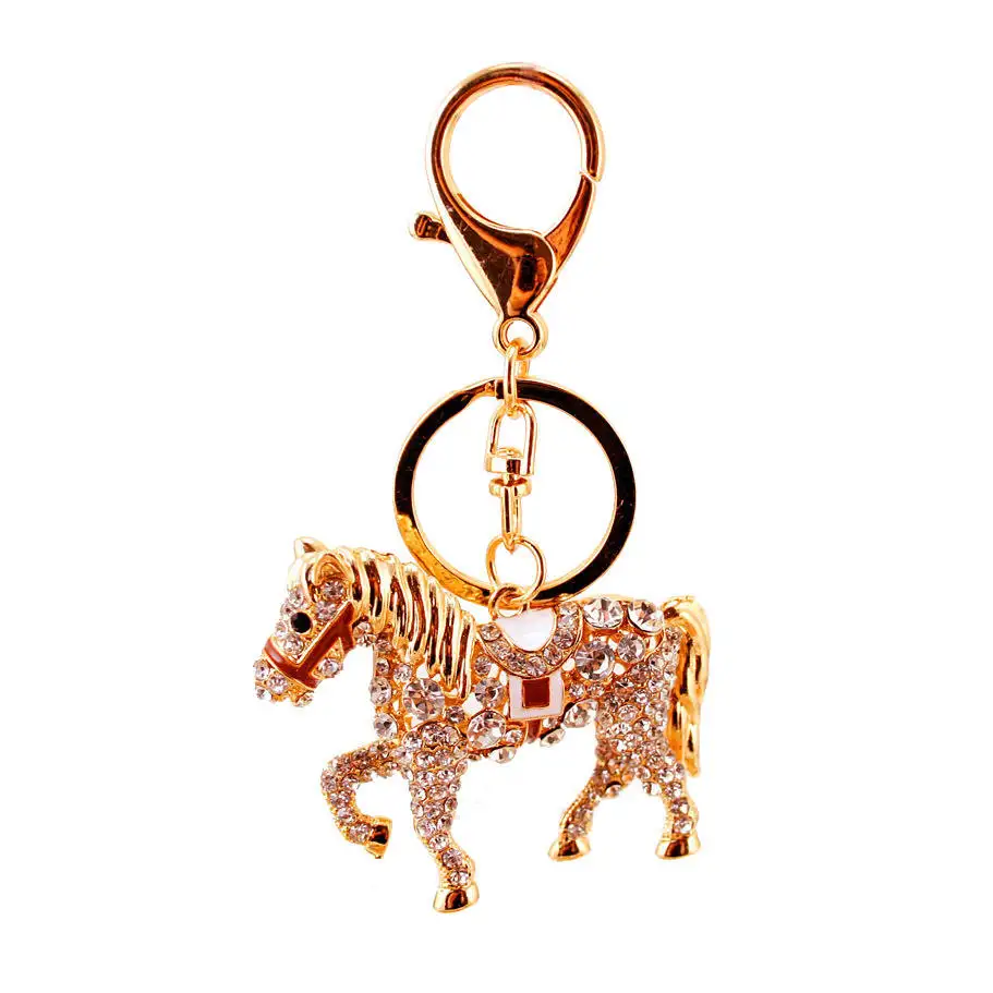 Lovely Delicate Full Stone acolchoado Golden Metal Pony Horse Car Key Ring KeyChain Gift Bag Acessório