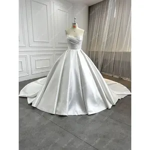 Women High Quality Satin Strapless Pleat Corset Classic Ball Gown Custom Vintage Simple Civil Wedding Ivory Dress with Petticoat