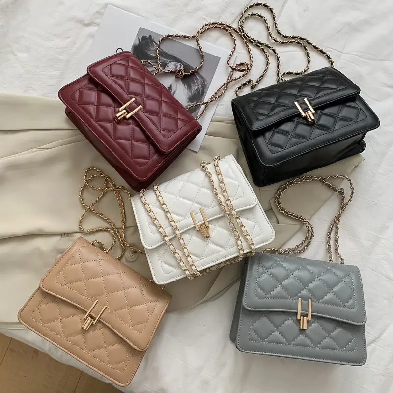 Popular New Small Square Diamond Lattice Bag Pu Solid Zipper Fashion Single Shoulder Messenger Bag With Chain Ladies Handbag