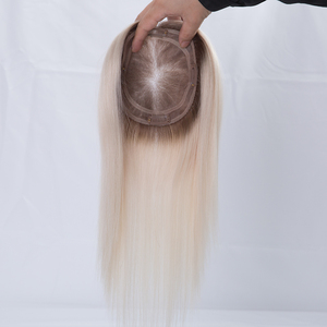 Topper de cheveux humains sur base de soie pour femmes, <span class=keywords><strong>blond</strong></span> platine, lisse, à clipser, avec racine ombrée - Product Image 6