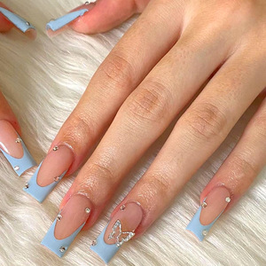 Ms.Miemie 24pcs Reusable ABS Press on <strong>Nails</strong> <strong>Blue</strong> French Dot Diamond Butterfly Long <strong>Coffin</strong> <strong>Design</strong> Fake Fingers Style Wholesale - Product Image 1