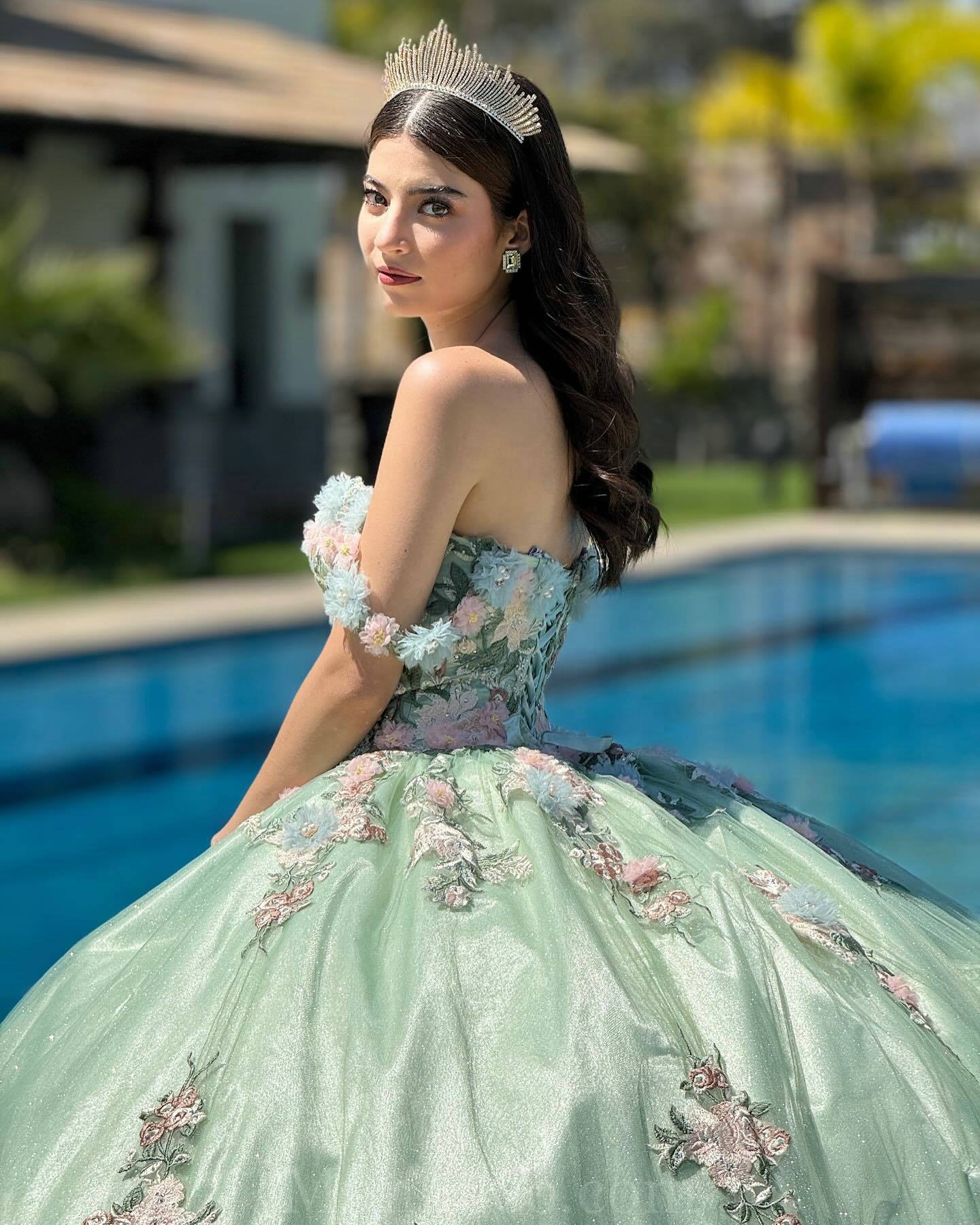 sage green quinceanera dresses Sage Green Ball Gown Quinceanera Dress with Off-the-Shoulder Sweethear –  Rosymae