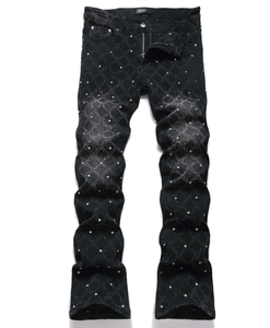 Jeans Bootcut da <span class=keywords><strong>Uomo</strong></span> alla Moda con Ricamo a Diamante, <span class=keywords><strong>Elasticizzati</strong></span>, Strappati, Svasati, Effetto Usurato, in Denim Lavato CYJP-2610028 - Product Image 1