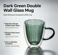 Mug à lait en verre borosilicate double paroi fait main, vert foncé, intérieur côtelé verticalement, poignée verte, anti-fuite, compatible lave-vaisselle