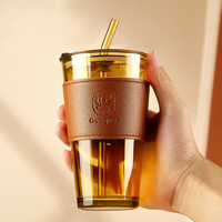 Gobelets de voyage de luxe 450ml tasses populaires réutilisables portables transportent café thé Cola tasse en verre avec couvercle en cuir couvercles de paille