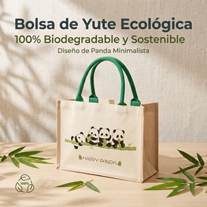 Bolsa de Yute Personalizable con Estampado de Panda y Asa Verde, Bolsa Reutilizable y Ecológica para el Mercado y Uso Diario - Product Image 1