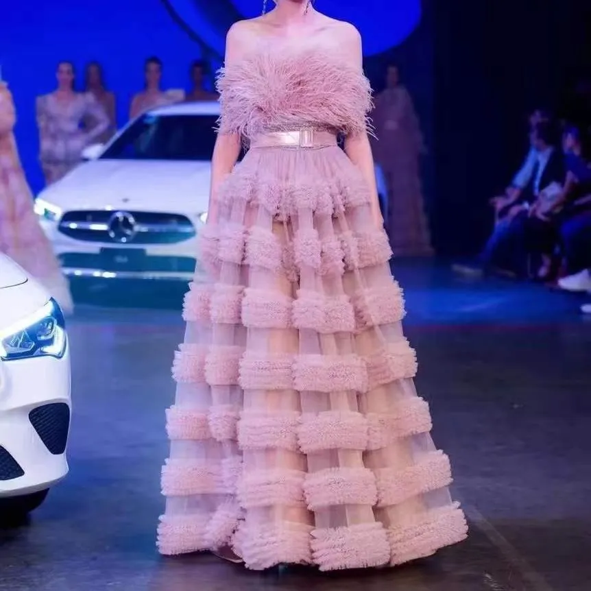 Pink Prom Party Kleider schulter frei Eine Linie boden langes Kleid Luxus Abendkleider