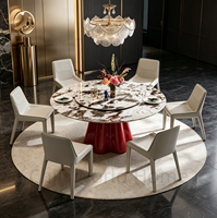 Table à manger ronde de luxe, plateau en pierre frittée marbrée, base rouge, design moderne pour la maison, l'hôtel, le restaurant