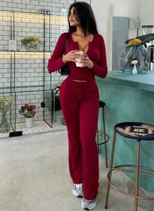 纯色夏季时尚休闲套装长袖上衣搭配高腰抽绳裤两件套大号XXL - Product Image 2