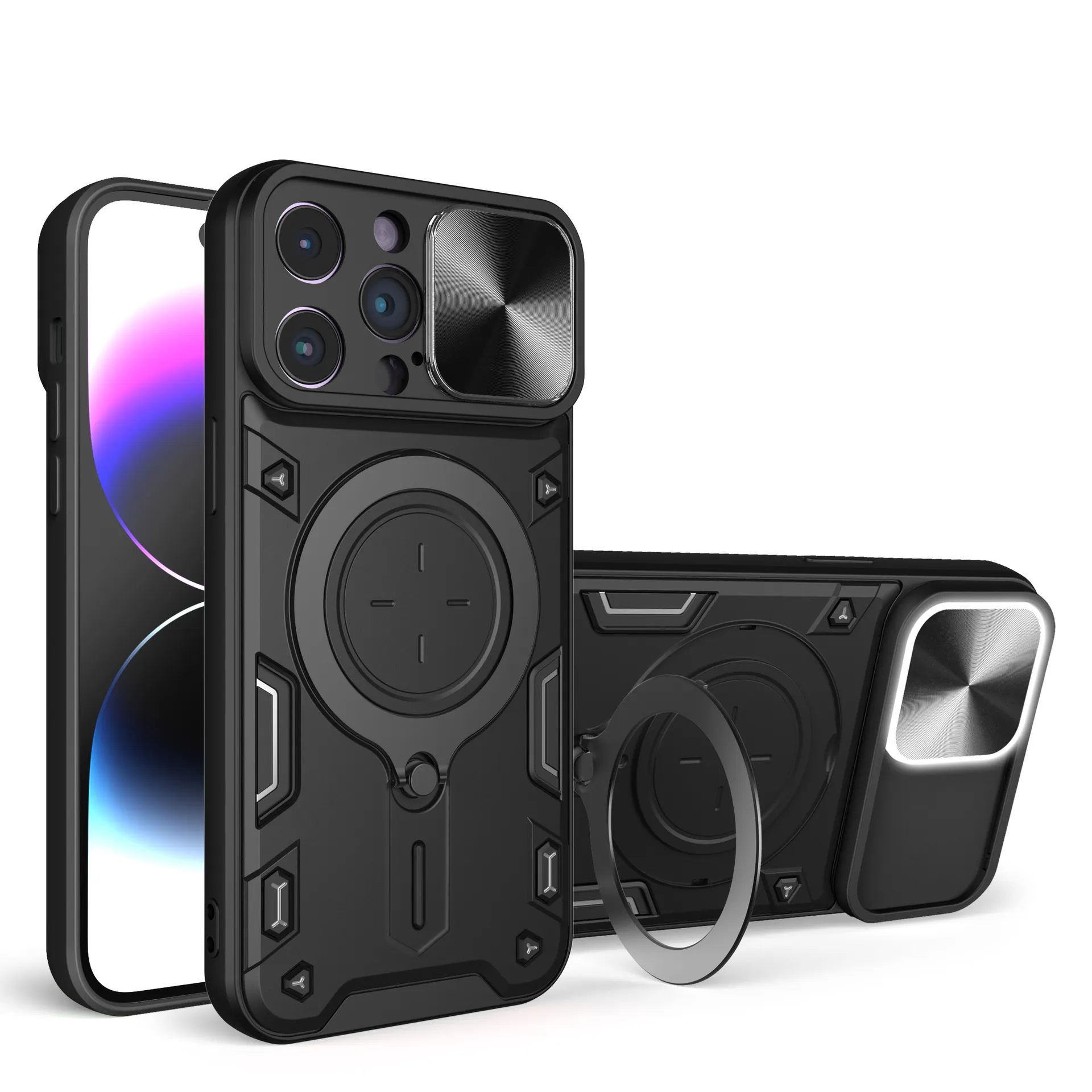 360 Metal Magnetic Case Ring Stand Rotating Mobile Case for iPhone 11 Promax 15 Fashion Style Slide Camera Protection Phone Case