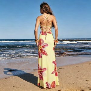 Sweet Natural Vacation Floral Backless Tie-<b>Up</b> Spaghetti Strap Maxi Dress Summer <b>Open</b> Back Lace-<b>Up</b> Camisole Dress for Women - Product Image 5