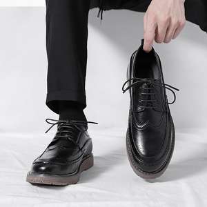 Chaussures de mariage pour hommes printemps/été respirantes à bout rond en cuir véritable à lacets style rétro pour affaires et occasions décontractées - Product Image 1