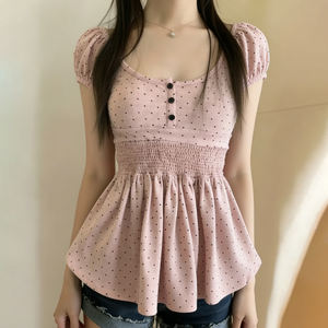 Camiseta de manga corta con cuello redondo y lunares para mujer, top de punto con corte en A, camiseta informal de moda de verano - Product Image 5