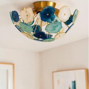 Round Brass Chandelier with Blue Agate Starburst <b>Shade</b> 3500K Warm <b>White</b> LED Blue/Gold Finish for Living Room Ceiling <b>Lamp</b> - Product Image 4
