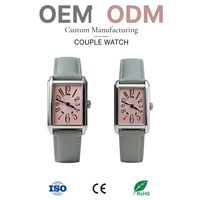 Montres de couple assorties pour femmes, mouvement Miyota GL22, cadran rose, boîtier carré 34 mm, quartz, vente en gros, logo personnalisé OEM ODM.