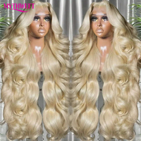 Perruque frontale en dentelle transparente 13x4, cheveux humains, 250% HD, 30-40 pouces, 613 Blond Miel, Ondulations Profondes, pour Femme