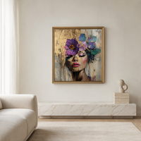 Tableau mural abstrait moderne de luxe, portrait de femme, imprimé floral doré et visage violet, 40x80cm, toile imperméable et écologique