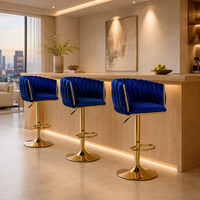 Tabouret de bar moderne rembourré en velours bleu, pivotant et réglable avec vérin à gaz, pour îlot de cuisine, bar à domicile et décoration