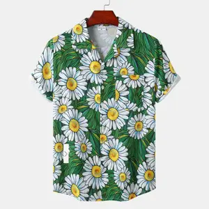 เสื้อเชิ๊ตแฟชั่นลายดอกเดซี่ของผู้ชาย,เสื้อชายหาดลำลองฮาวายมีกระดุมแขนสั้นพิมพ์ลายดอกเดซีสีเขียวฤดูร้อน